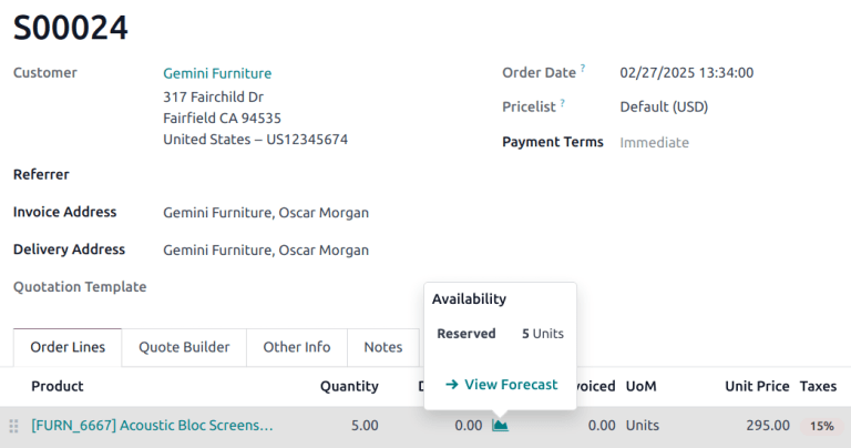 Quotation screen displaying forecasted product availability